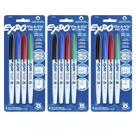 Expo Vis-a-Vis Wet Erase Marker, Fine Bullet Tip, Assorted Colors, 4 Sets, PK12 2134341